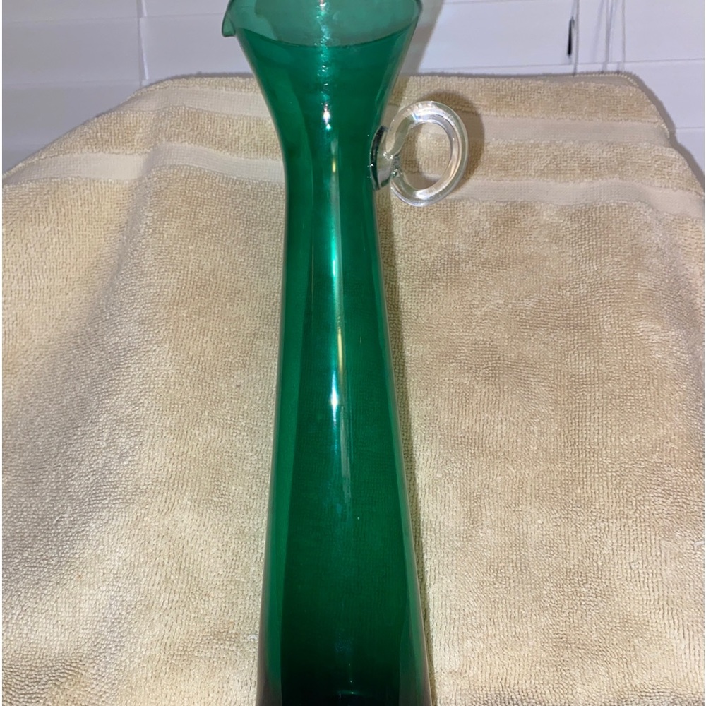 Vintage Emerald Green Art Glass 9” Bud Vase Pitcher  Crystal Handle